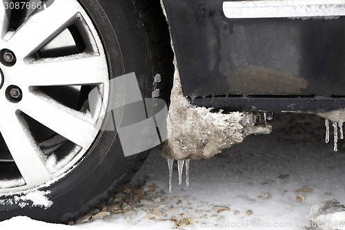 Image of Frozen ice on car tires 