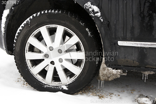 Image of Frozen ice on car tires 