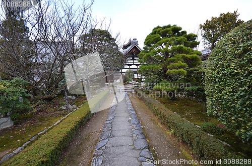 Image of Entrance sign stone walkway in Tenryu-ji temple area, Japan,