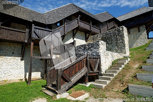 Image of Covered wooden staircase and gallery in Celje medieval castle in Slovenia