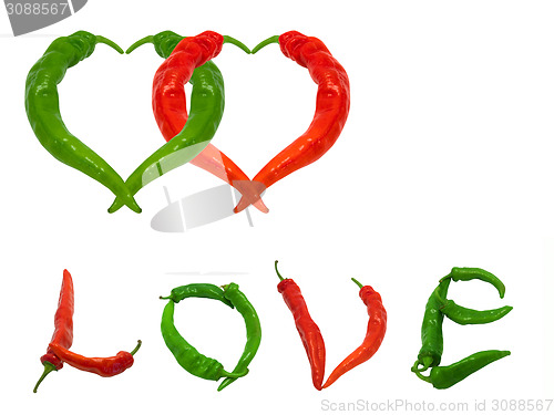 Image of Two hearts and word Love composed of green and red chili peppers