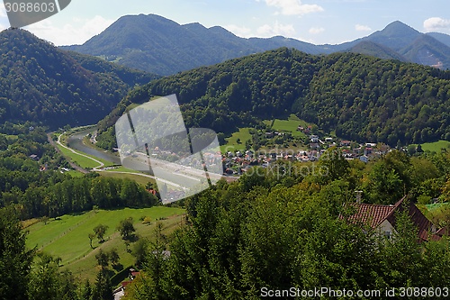 Image of View of Savinja river and  La?ko valley from medieval Celje castle in Slovenia