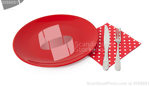 Image of Red plate and cutlery