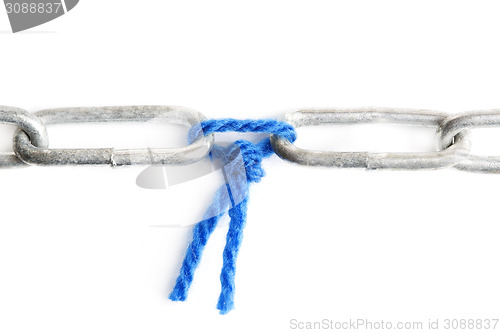 Image of Blue wool holds two parts of a chain together