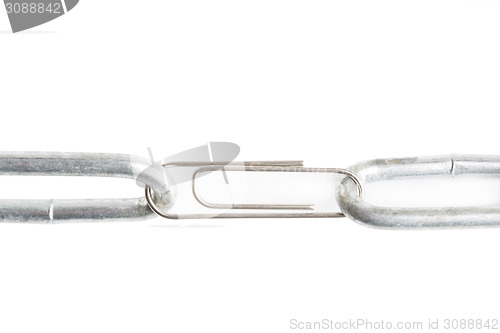 Image of Paper clip holds two parts of a chain together