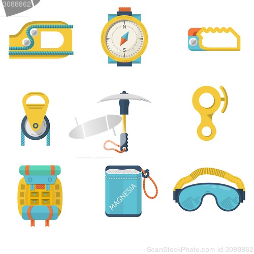 Image of Flat color vector icons for mountaineering equipment