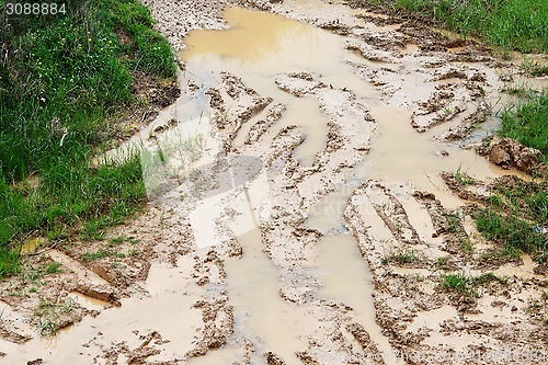 Image of Car ruts in dirty road mud 