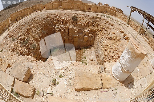 Image of Fisheye view of ancient excavations in desert town Mamshit in Israel