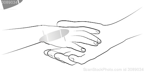 Image of Man's hand holding a child's palm. Vector drawing