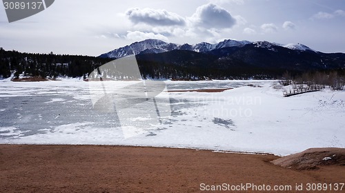 Image of Snow lake under the mountain in the winter