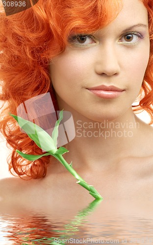 Image of lovely redhead with bamboo in water