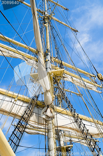 Image of Sails and tackles of a sailing vessel on a background of the sky