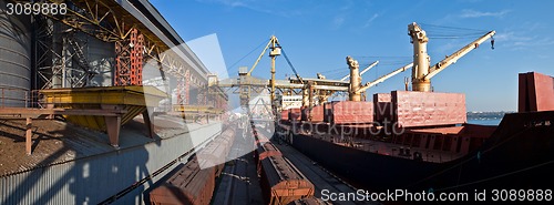 Image of Grain from silos being loaded onto cargo ship on conveyor belt