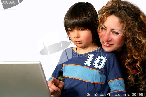 Image of Mother and son at computer