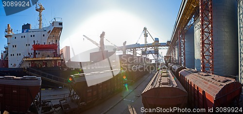 Image of Grain from silos being loaded onto cargo ship on conveyor belt