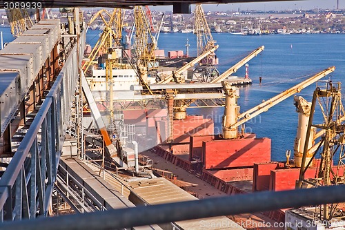 Image of Grain from silos being loaded onto cargo ship on conveyor belt