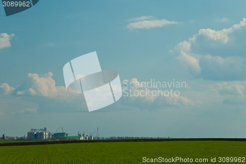 Image of Towers of grain drying enterprise at sunny day