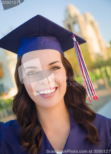 Image of Happy Graduating Mixed Race Woman In Cap and Gown