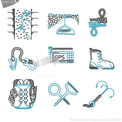 Image of Flat line vector icons for rappeling equipment