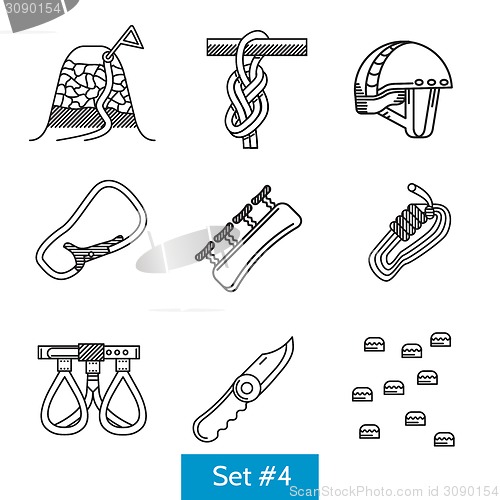 Image of Set of black line vector icons for rock climbing