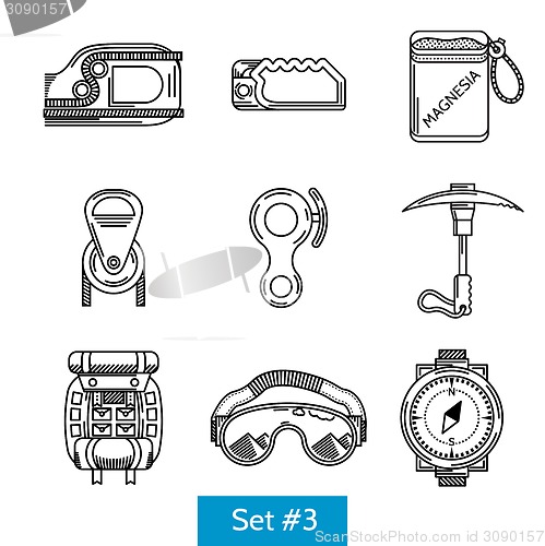 Image of Black vector icons for rock climbing equipment