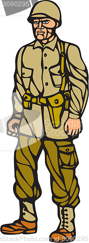 Image of American World War Two Soldier Standing Linocut