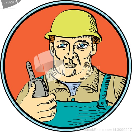 Image of Builder Carpenter Holding Radio Phone Circle Retro