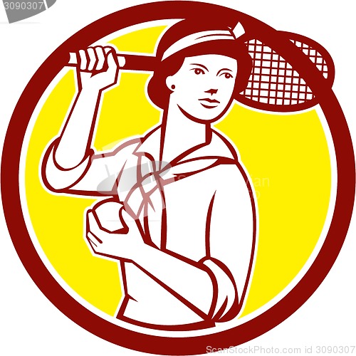 Image of Female Tennis Player Racquet Vintage Circle Retro