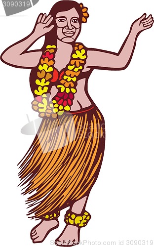 Image of Polynesian Dancer Grass Skirt Linocut