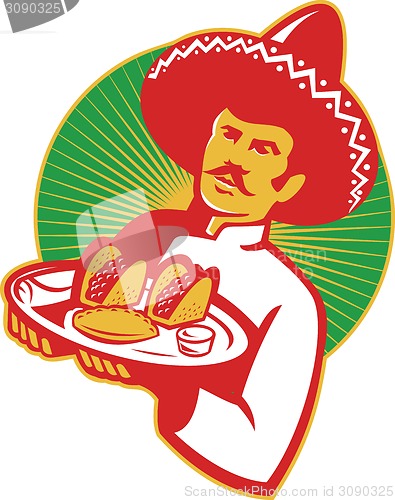 Image of Mexican Chef Serving Taco Burrito Empanada Retro