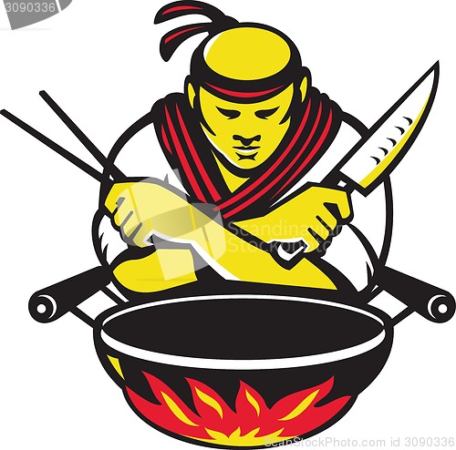 Image of Japanese Cook Chef With Knife Wok