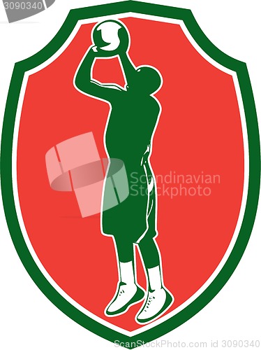 Image of Basketball Player Jump Shot Ball Shield Retro