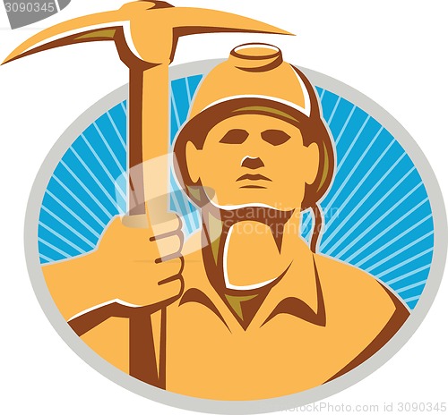 Image of Coal Miner With Pick Ax Hardhat Front Retro