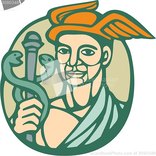 Image of Hermes Holding Cadaceus Woodcut Linocut