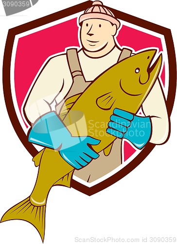 Image of Fishmonger Holding Salmon Fish Shield Cartoon