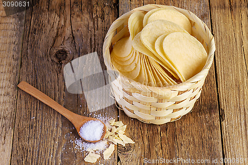 Image of potato chips in a wooden basket