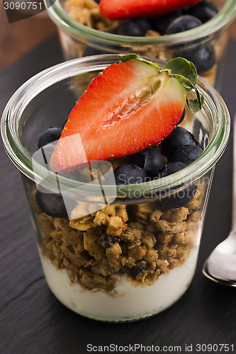 Image of muesli and yogurt with fresh berries 