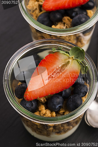 Image of muesli and yogurt with fresh berries 