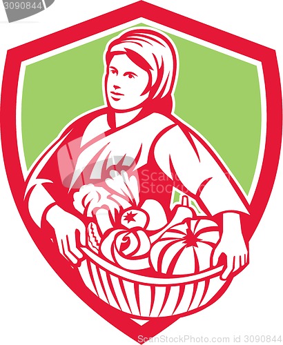 Image of Female Organic Farmer Basket Harvest Shield Retro