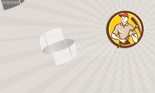 Image of Business card Construction Worker Holding Pickaxe Circle Cartoon