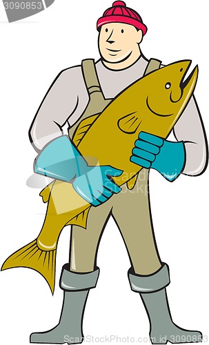 Image of Fishmonger Standing Salmon Fish Cartoon