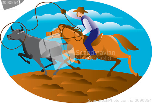 Image of Cowboy Riding Horse Lasso Bull Cow
