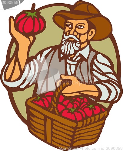 Image of Organic Farmer Tomato Basket Woodcut Linocut