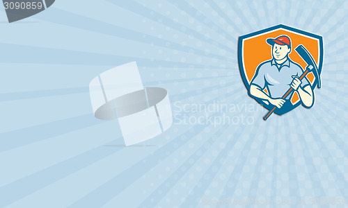 Image of Business card Construction Worker Holding Pickaxe Shield Cartoon