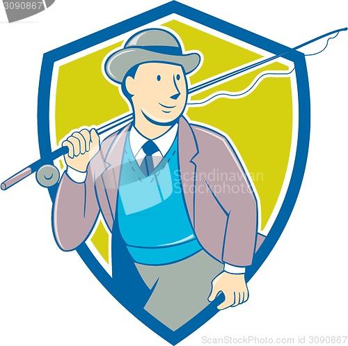 Image of Vintage Fly Fisherman Bowler Hat Shield Cartoon