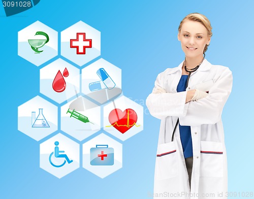 Image of smiling doctor over medical icons blue background