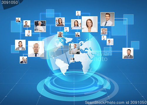 Image of pictures of businesspeople over world map