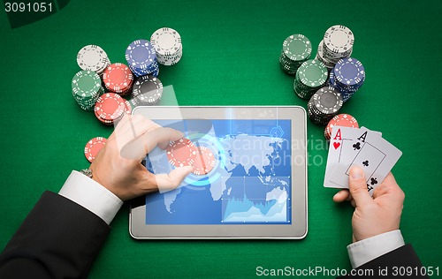 Image of casino poker player with cards, tablet and chips