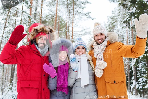 Image of group of friends waving hands in winter forest