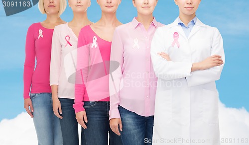 Image of close up of women with cancer awareness ribbons